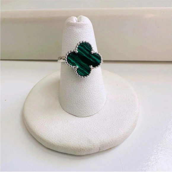 Sterling Silver Four Leaf Clover Malachite Adjustable Ring - Picture 2 of 6